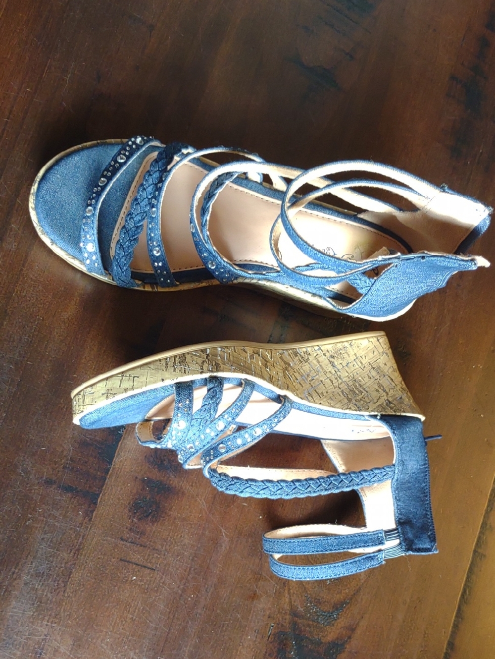 Self Esteem Navy Braided Strappy Wedge Sandals with Gem Accents